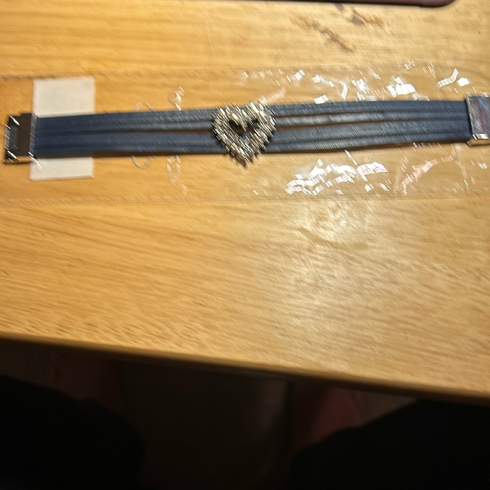 New in package Navy Blue Leather Bracelet with Rhinestone Heart Embellishment